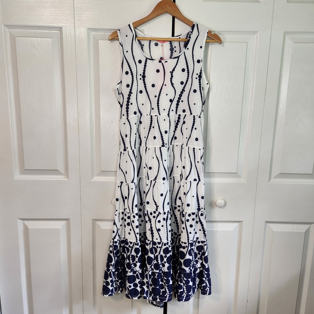 Simply Aster Navy White Polka Dot Tiered Sleeveless Midi Dress Size‎ M Coastal